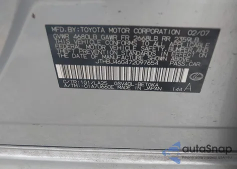2007 Lexus Es 350 from USA, damaged, VIN JTHBJ46G472097654